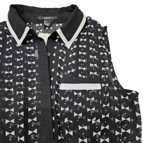 NEW Forever 21 Black and White Sheer Dress Bowtie Pattern L - Picture 4 of 8